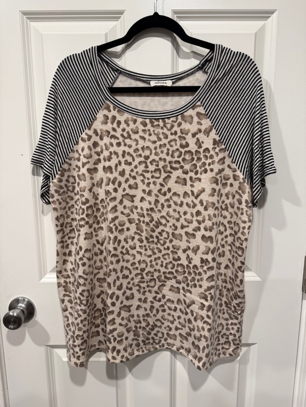ADORA Leopard Print Raglan Top with Black & Taupe Stripes